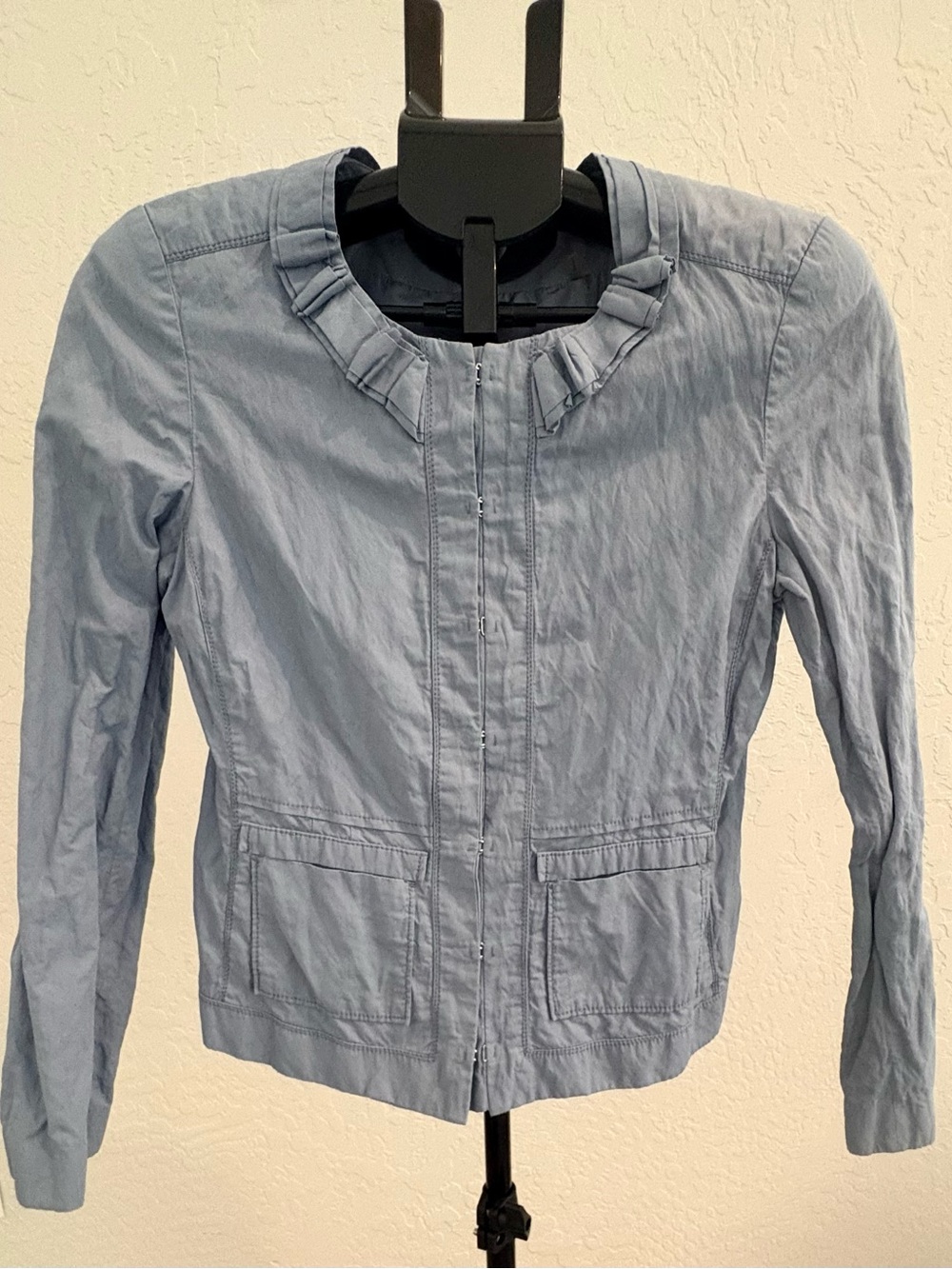 T Tahari Light Blue Collarless Utility Jacket
